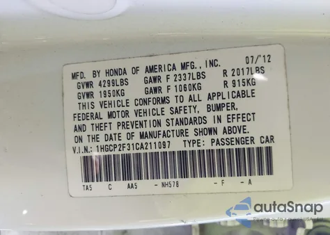 2012 Honda Accord 2.4 Lx z USA, uszkodzony, nr VIN 1HGCP2F31CA211097